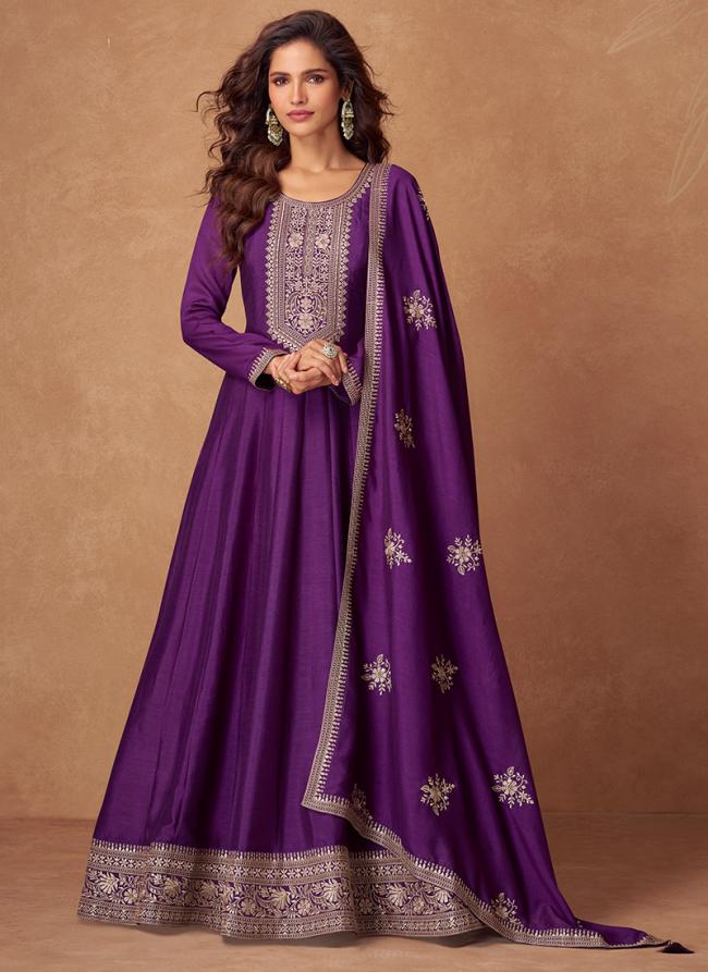 Premium Silk Purple Ceremonial Wear Embroidery Work Readymade Anarkali Suit